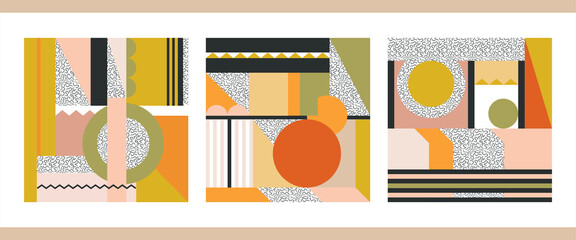 A trendy set of abstract geometric minimalist posters. Great decoration for walls, postcards, brochures, packaging, covers. Vector illustration in Japanese vintage style.