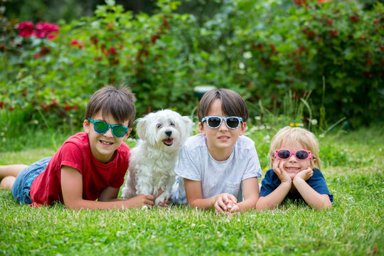 Three children and cute white puppy pet dog with sunglasses, having fun in garden