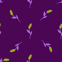 Fototapeta na wymiar Minimalistic style agriculture print seamless pattern. Purple bright background. Green ornament. Floral backdrop.