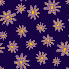 Blossom seamless pattern with random daisy flowers ornament. Dark purple background. Bloom shapes.
