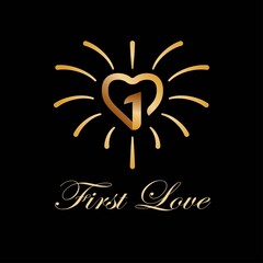 Luxury One Heart, First Love Logo Design. Clean, simple, and easily recognizable, a combination of the number 1 and love icon. With gold color on the black background