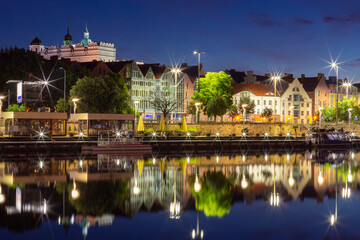 Szczecin. City embankment in the night illumination.