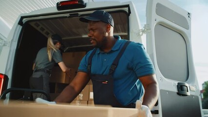 Logistics Warehouse Two Happy Diverse Workers Talk, Joke use Hand Pallet Truck Start Loading Delivery Truck with Cardboard Boxes, Online Orders, Purchases, E-Commerce Goods. Slow Motion 