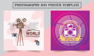Old camera and text World photography day on a background design template. poster, flyer, banner, greeting cards.