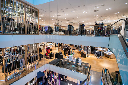 DUSSELDORF, GERMANY - 19 OCTOBER, 2019: Interior shot of Breuninger luxury shopping mall at Schadowplatz in city center Dusseldorf, Germany