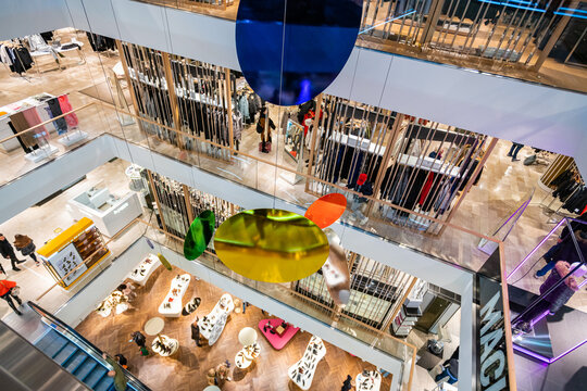 DUSSELDORF, GERMANY - 19 OCTOBER, 2019: Interior shot of Breuninger luxury shopping mall at Schadowplatz in city center Dusseldorf, Germany