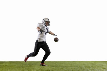 American football player isolated on white studio background.