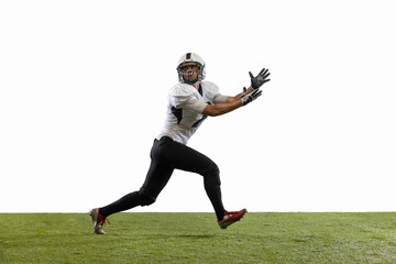 Fototapeta na wymiar American football player in action isolated on white studio background. Concept of professional sport, championship, competition.