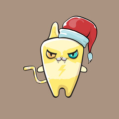 Vector cartoon yellow Santa Claus cat character with red Santa hat isolated on brown background. Funny Christmas kids poster or print design template.