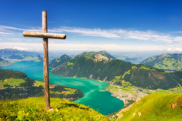 Lake Lucerne and the Swiss Alps. Panoramic view from Fronalpstock.