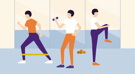 Fototapeta na wymiar Active people in gym class Healthy lifestyle Three men training together Vector illustration in flat design
