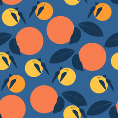 Citrus fruits seamless pattern Vector illustration in flat design  Ripe lemons and oranges with leaves on blue background