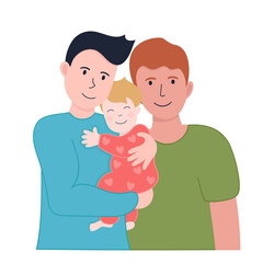 Vector illustration LGBT family. Two man and african american wihte and and child on hands