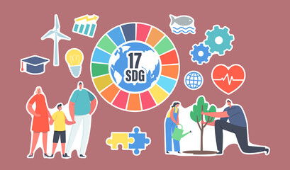 Set of Stickers Sustainable Development Goals. People Use Green Energy, Saving Planet, Growing Plants. 17 SDG Wheel