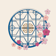 Chinese traditional window. Round frame in flowers. Hand drawing of a Chinese window in colors. Vector. Illustration for card, poster, banner, label, print. Romantic and cute design.
