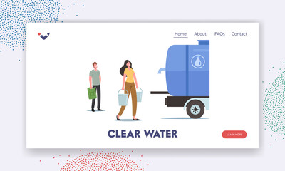 Characters Buying Clean Drinking Water Outdoor Landing Page Template. Man and Woman with Buckets in Hands Purchase Aqua