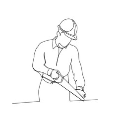 Continuous line drawing of carpenter holding saw. worker line art with active stroke.