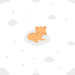 Children's cartoon seamless pattern. A tiger cub sleeps in the clouds against the background of stars. Template, blank for wallpaper, wrapping paper, textiles, covers, fabrics, etc.
