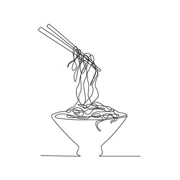 recommend clip art: Continuous line drawing of asian noodle in the bowl. Ramen line art with active stroke.