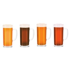 Set with craft beer in beer mugs for banners, flyers, posters, cards. Light and dark beer, ale, and lager. International Beer Day. Beer day. Vector illustration isolated on white background.