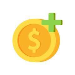 Coin and Plus vector. Gold coin logo.