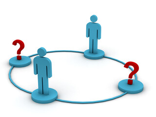 3d rendering team member selection concept, men and question mark 