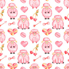 Valentines day Seamless Pattern, Watercolor Cute Sheeps animal, macaron, hearts, arrows paper, printing design, scrapbook paper, kids paper, love print