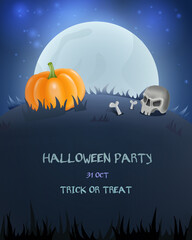Halloween creepy card for design with pumpkin, skull and moon