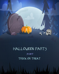 Halloween creepy card for design with pumpkin, skull and moon