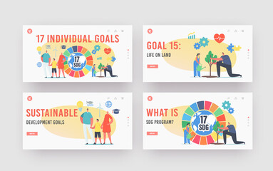 SDG 17 Individual Goals, Sustainable Development Landing Page Template Set. People Use Green Energy, Saving Planet