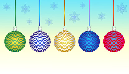 Set of multicolor Christmas tree decoration balls pattern, snowflakes background