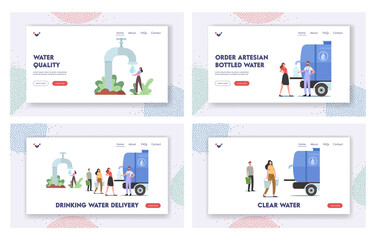Obraz na płótnie Canvas Drinking Water Landing Page Template Set. Characters with Buckets Stand in Line for Purchasing Fresh Aqua Outdoor