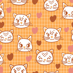 Cat seamless pattern. Cute kittens and hearts on a background in a cage. Childrens characters in hand-drawn cartoon scandinavian style. Pastel palette. For children's fabrics, textiles, stationery.