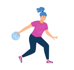 Smiling happy girl holding bowling ball playing in fun sport game.