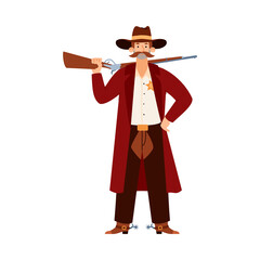 Cartoon character wild west cowboy sheriff in hat holding weapon shotgun.