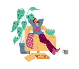 Lazy man napping in chair with fast food, flat vector illustration isolated.