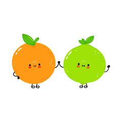 Cute happy orange fruit and lime. Vector hand drawn doodle style cartoon character illustration icon design. Сard whith cute happy orange fruit and lime. Friends concept