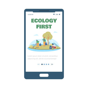 Ecology and environment onboarding screen mockup, flat vector illustration.