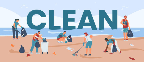 Environmental volunteering event on beach, flat vector illustration isolated.