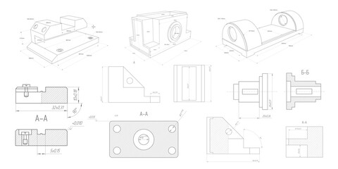 Technical drawing of details.Engineering technology design.A set of mechanical parts.Vector illustration.