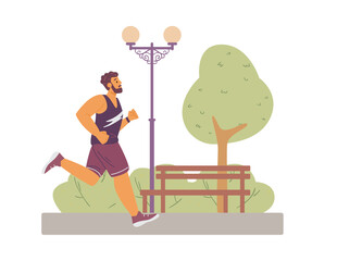 Obraz premium Male runner in sportswear jogging in city park at morning a vector illustration.