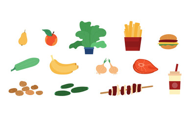 Set of food products for lunch or healthy diet a vector illustrations.