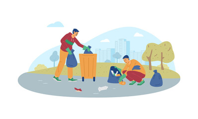 Cleaning volunteers team collecting garbage, flat vector illustration isolated.