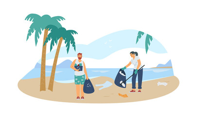 Beach cleanup banner with volunteers collecting wastes, flat vector illustration.