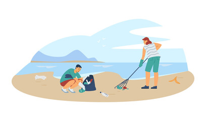 Volunteers clean beach during environmental event, vector illustration isolated.