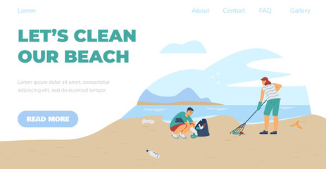 Beach cleaning event banner with people characters, flat vector illustration.