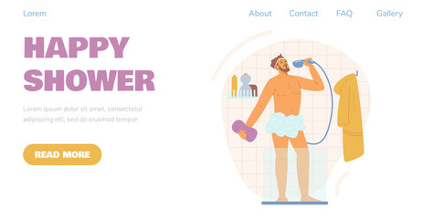 Website template with man taking a shower, flat design. vector illustration.