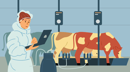 Farmer taking control of farm animals using computer, flat vector illustration.