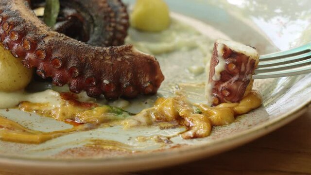A delicious grilled octopus on a plate with potatoes, mustard sauce and green. A food lover dipping a piece of cooked tentacle in a mustard sauce. A slow motion macro footage of seafood dish lunch.