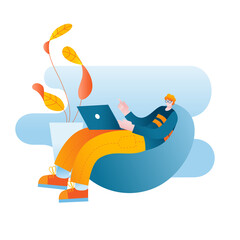 A man with a laptop is sitting in a bag chair. A vector character in a flat style on the topic of remote employees and working from home.